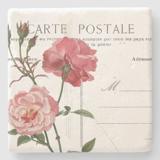 Vintage französische Postkarte Rosa Rosa Steinuntersetzer (Vorderseite)
