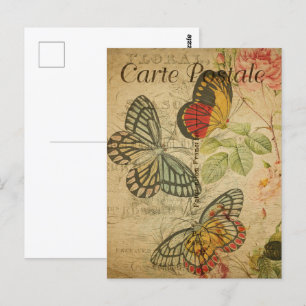 Vintage-Französische-Postkarte, Schmetterlingsillu Postkarte