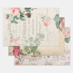 Vintage französische Rose Ephemera Decoupage Geschenkpapier Set
