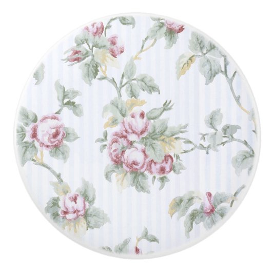 Vintage französische Rose und Streifen Keramikknauf (Vorderseite)