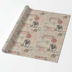 Vintage-französische Schreibschrift Paris Rooster- Geschenkpapier