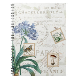 Vintage-französische Schrift Natur Blume Vogel Pil Notizblock
