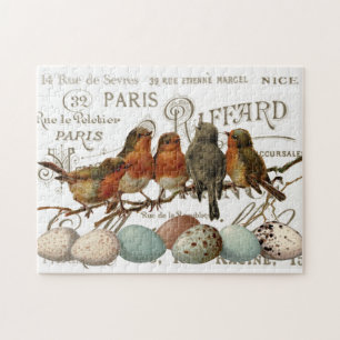 Vintage-französische Stadtnamen-Puzzle "Vögel und Puzzle