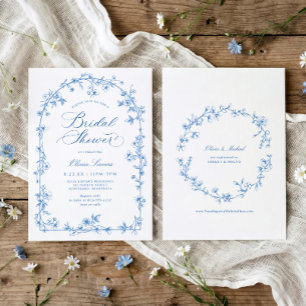 Vintage-französische Toile-Blau-Blumen-Brautparty Einladung