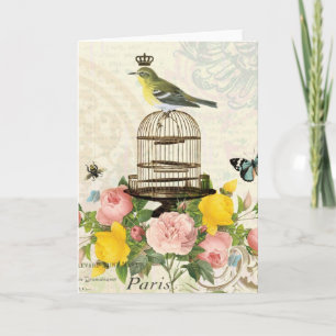 Vintage französische Vogel- und Vogelkäfig-Notizka Karte