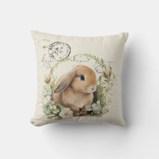 Vintage französischer Aquarell-Hase und Blumen Kissen