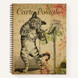 Vintage französischer Kunstdruck, Katze und Fiedel Notizblock
