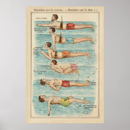 Vintage-Französischer-Schwimmunterrichts-Plakat Poster