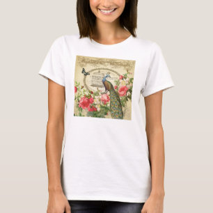 Vintage-französischer Shabby-Chic-Pfau T-Shirt