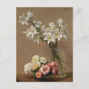 Vintage-französisches Gemälde Rosen und Lilien Postkarte