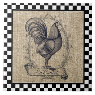 Vintage französisches Huhn auf Schachbrettmuster Fliese