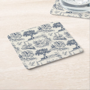 Vintage Französisches Landhaus "Blau Toile de Jouy Rechteckiger Pappuntersetzer