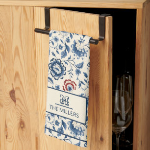 Vintage Französisches Landhaus mit blauen Blumenmo Geschirrtuch