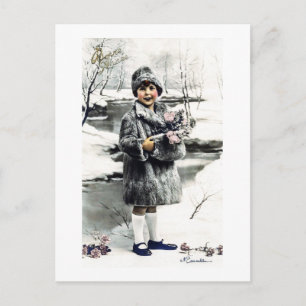Vintage französisches Mädchen Winter Postkarte