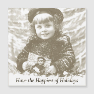 Vintage französisches Wintermädchen-Foto Weihnacht Magnetkarte