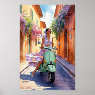 Vintage Frau auf Scooter in Rom - Retro Travel Poster