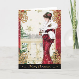 Vintage Frau aus den 1920er Jahren im roten Winter Feiertagskarte