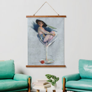 Vintage Frau aus Martini-Glas Wandteppich Mit Holzrahmen