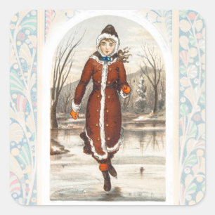 Vintage Frau beim Eislaufen (1865–1899) Weihnachte Quadratischer Aufkleber