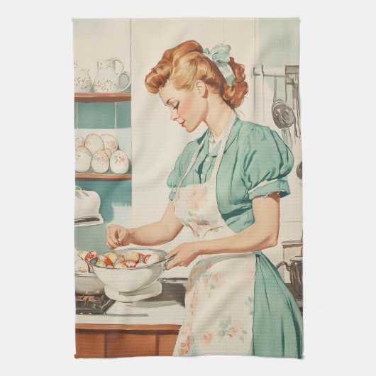 Vintage Frau bereitet Ostereier zu Geschirrtuch (Vertikal)