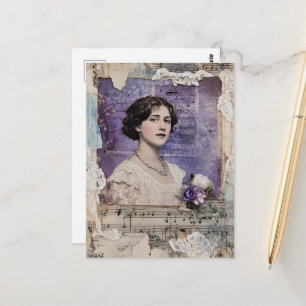 Vintage Frau Lila Collage Notenblatt Blume Postkarte