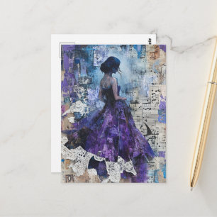 Vintage Frau Lila Kleid Mixed Media Collage Postkarte