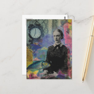 Vintage Frau mit Fisch Mixed Media Collage Postkarte