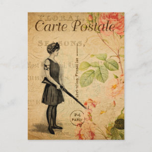 Vintage Frau mit Gun Floral Blume Französisch Postkarte
