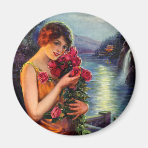 Vintage Frau mit Rote Rosen im Mondlicht Magnet