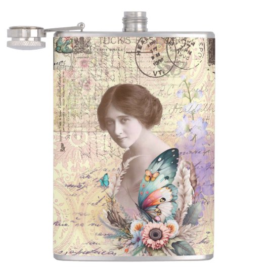 Vintage Frau mit Schmetterling und Flora Flachmann (Geöffnet)