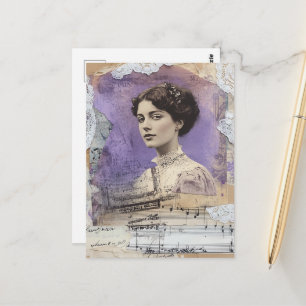 Vintage Frau Mixed Media Collage Notenblätter Postkarte