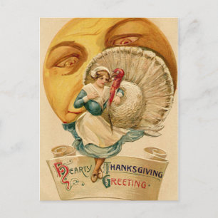 Vintage-Frau-Pilgerhuhn-und-Mond-Thanksgiving Postkarte