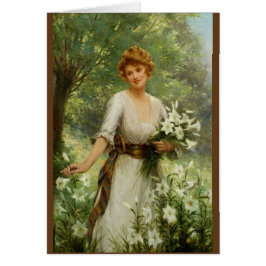 Vintage Frau Stehend in den Frühlingsblumen