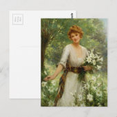 Vintage Frau Stehend in den Frühlingsblumen Postkarte (Vorne/Hinten)