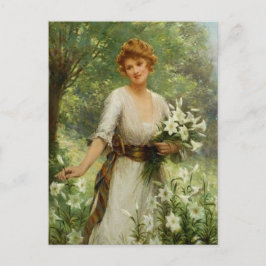 Vintage Frau Stehend in den Frühlingsblumen Postkarte