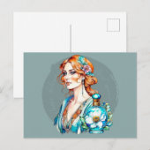 Vintage Frau und Aquamarine Parfümflasche Postkarte (Vorne/Hinten)
