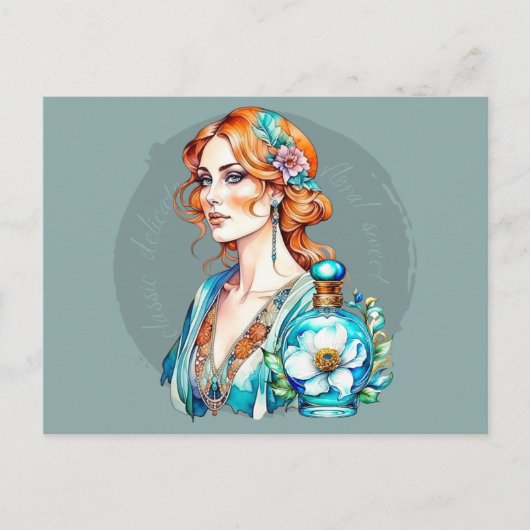 Vintage Frau und Aquamarine Parfümflasche Postkarte (Vorderseite)