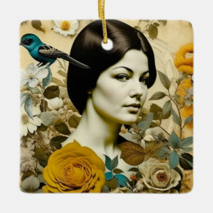 Vintage Frau und Blaumeise Personalisiertes Weihna Keramikornament