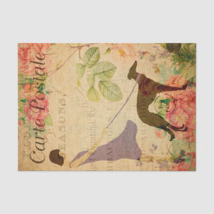 Vintage Frau und Hund Blumen Französisch 1920er Ja Seidenpapier