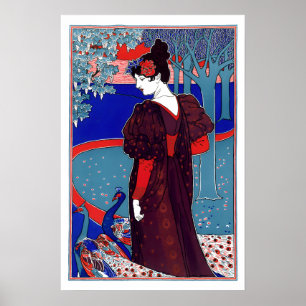 Vintage-Frau und Pfauen im Art Nouveau-Stil der vi Poster
