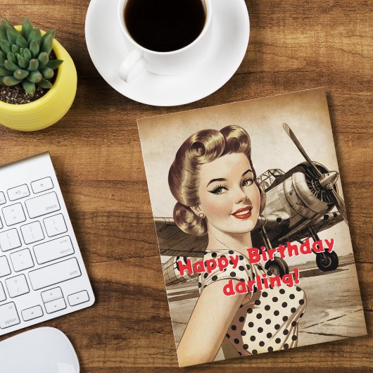 Vintage Frau und W2 Flugzeug, Elegant Birthda Postkarte