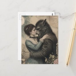 Vintage Frau und Werwolf verliebt Postkarte
