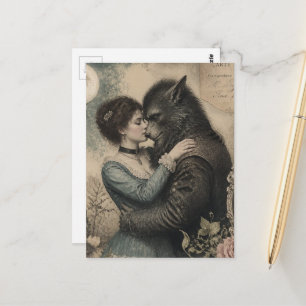 Vintage Frau und Werwolf verliebt Postkarte