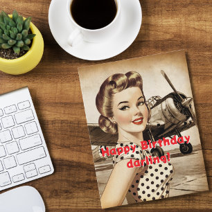 Vintage Frau & WW2-Flugzeug, eleganter Geburtstag Postkarte