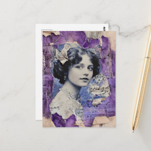 Vintage Frauen Collage Notenblatt Lila Postkarte