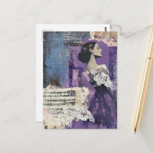 Vintage Frauen Collage Notenblatt Spitze Lila  Postkarte