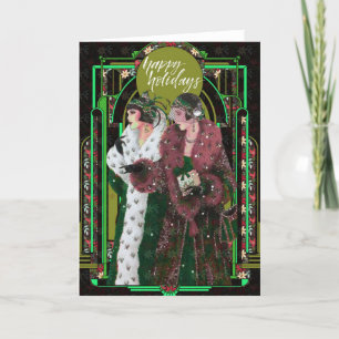 Vintage Frauen der 1920er Jahre in Pelzmänteln Feiertagskarte