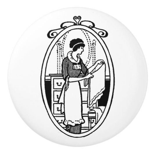 Vintage Frauen-faltende Wäscherei Keramikknauf (Vorderseite)