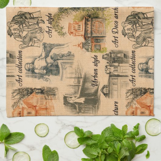 Vintage Frauen im Stadtrat Zeichnend Geschirrtuch (Gefaltet)