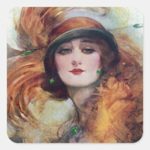 Vintage Frauenportrait 20s Flop Hat Art Quadratischer Aufkleber